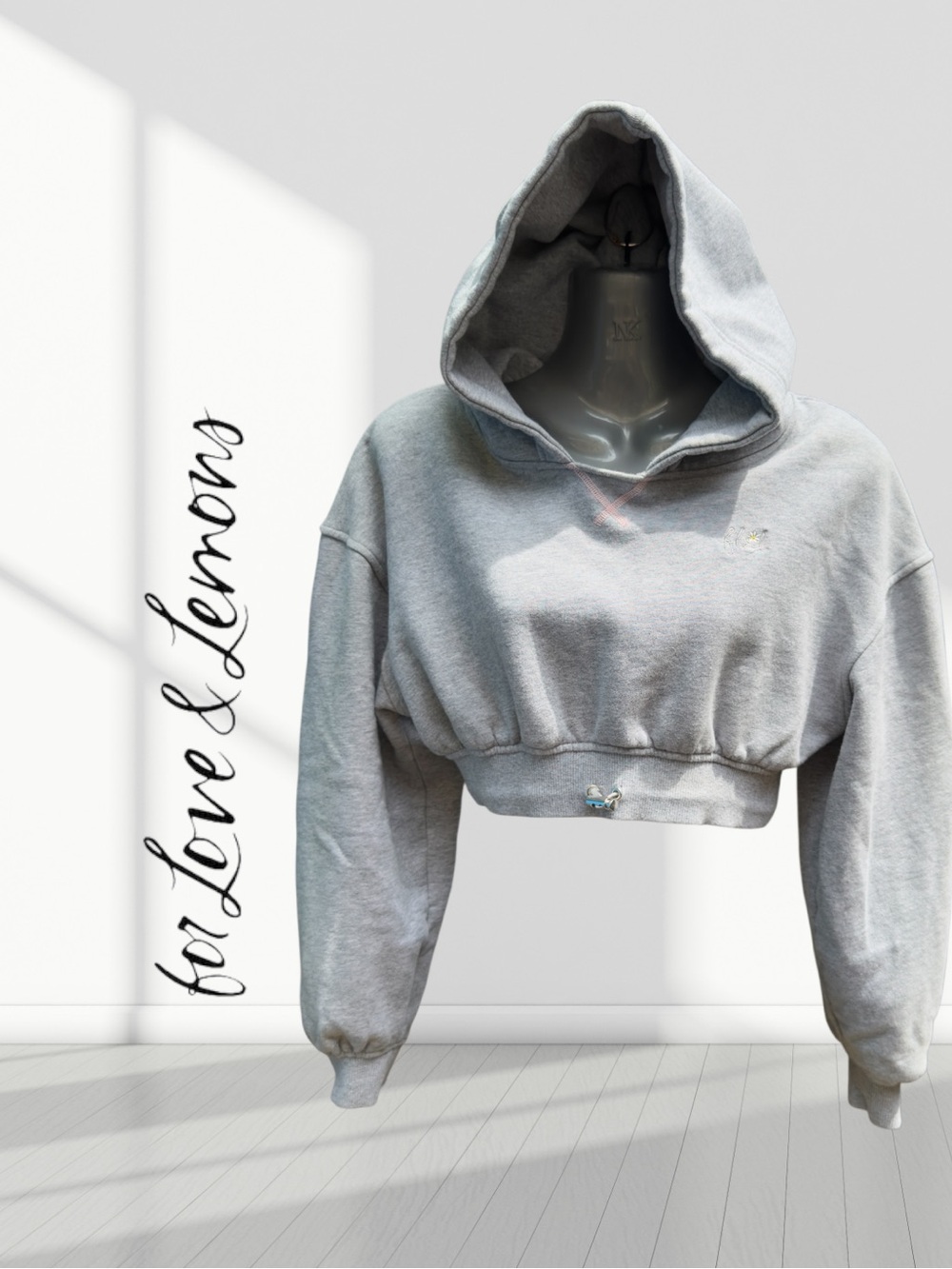 For Love & Lemons Cropped Hoodie Gray Embroidered Daisy Pullover XS